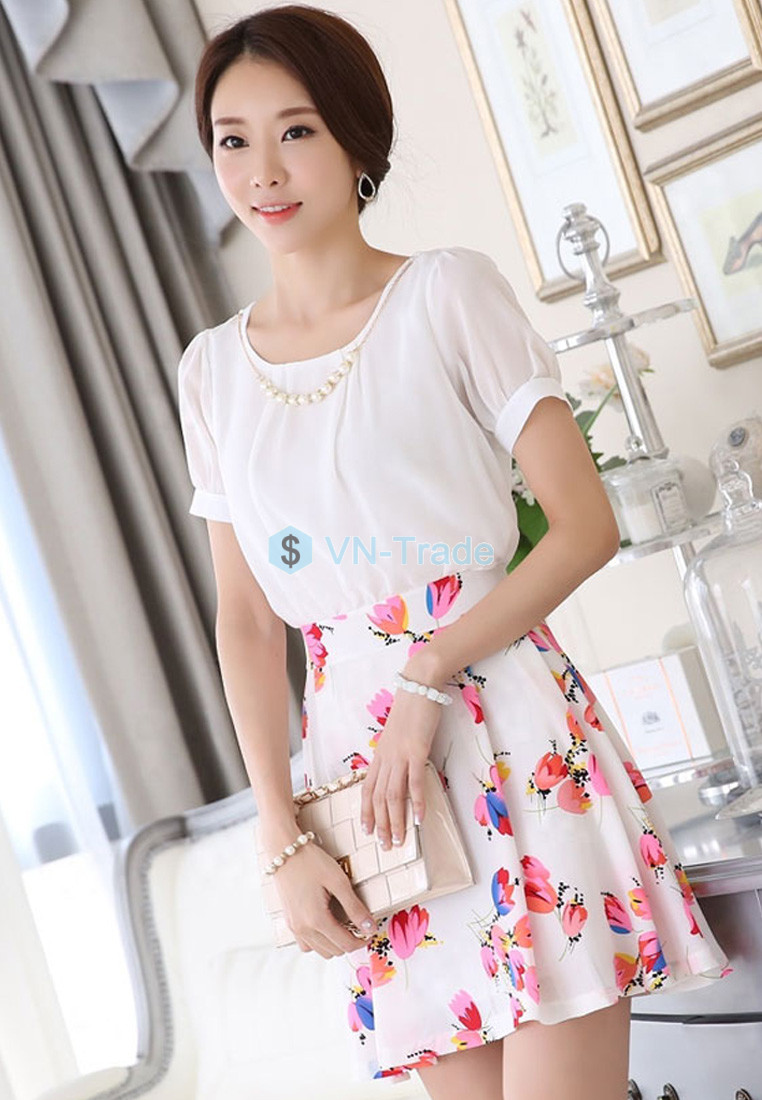 Áo Tay Ngắn Liền Đầm Kiểu Hàn J8008 (Hồng)