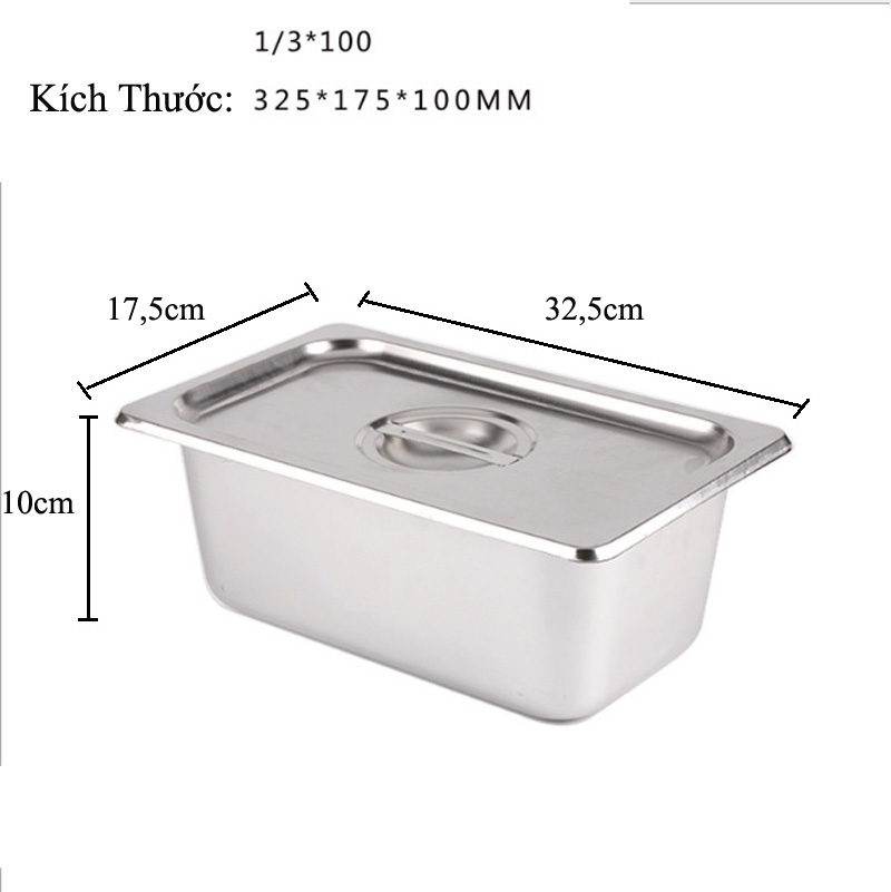 Khay Inox 1/3 Cao 10cm Nắp Nguy&ecirc;n