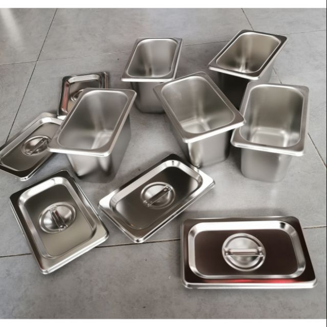Combo 10 Khay Inox 1/9 Cao 10cm Nắp Nguy&ecirc;n