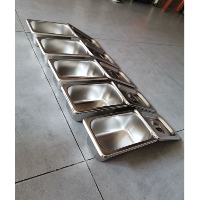 Combo 5 Khay Inox 1/9 Cao 6.5cm Nắp Nguy&ecirc;n